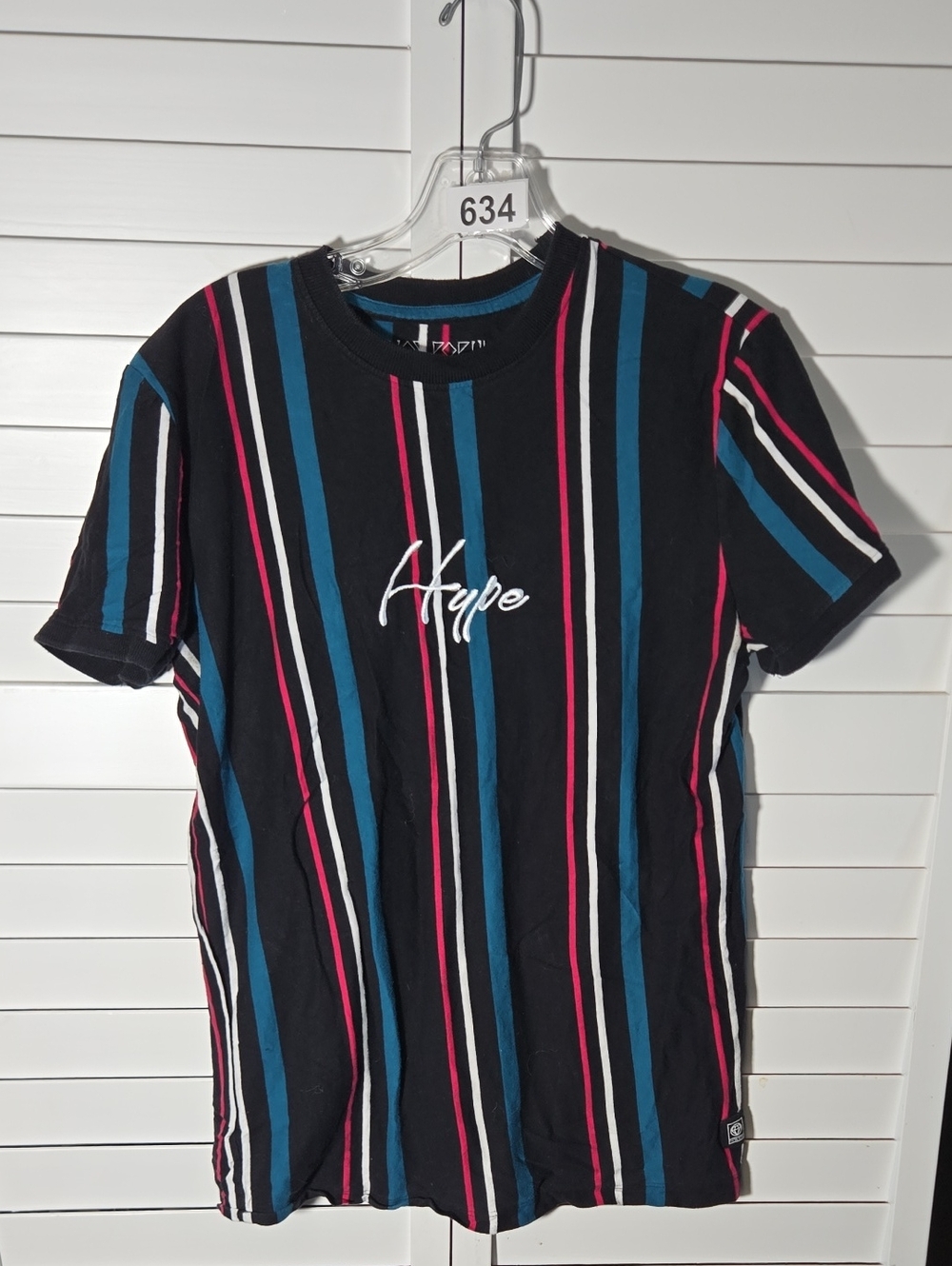 Hype Black Tee with Teal, White & Pink Stripes Size S